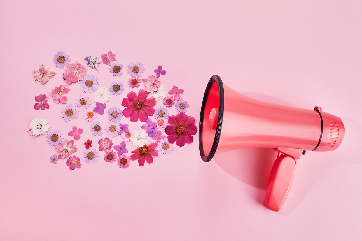 Pink Megaphone with Colorful Flowers on Pink Background